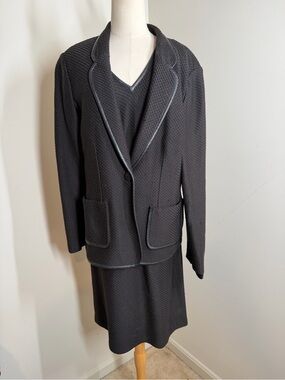 St John 2 Pc. Black Santana Knit Blazer & Sheath Dress One Button Leather Trim